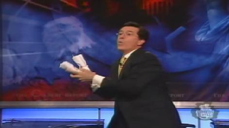 Colbert throwing T-shirts to the audience
